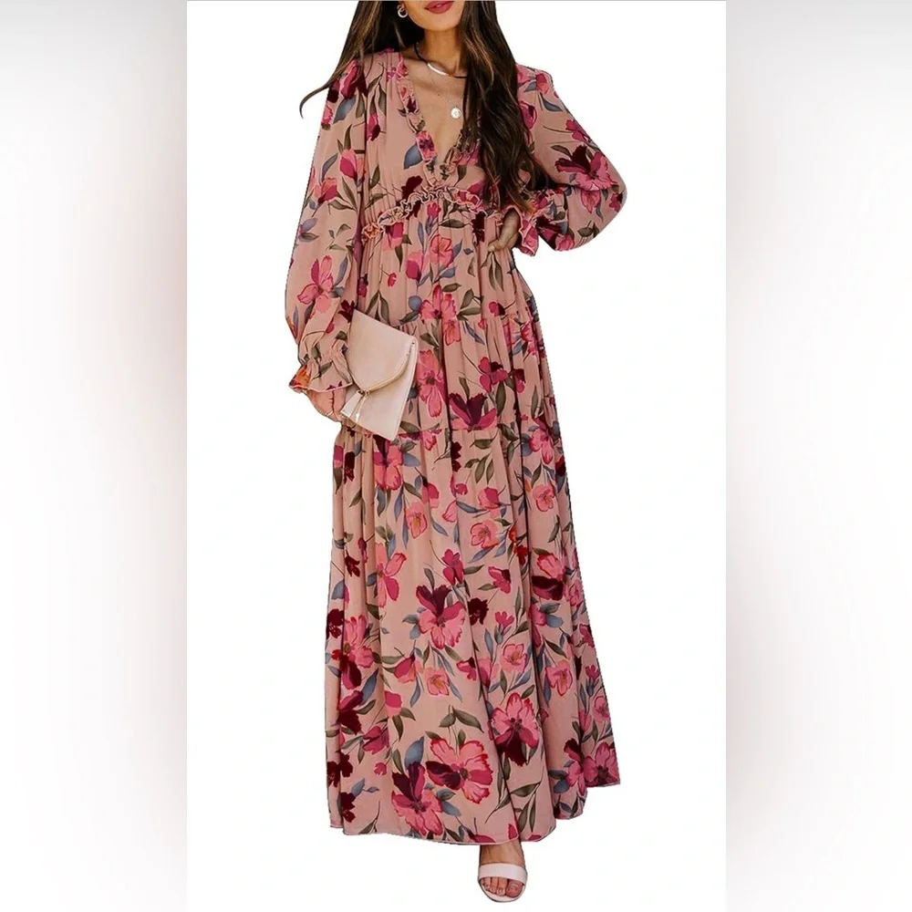 Floral V-neck Floral Long Sleeve Dress - Picture 1 of 9